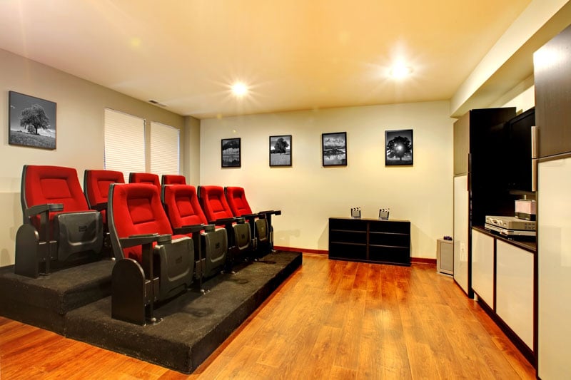 home theater with cinema stadium seating