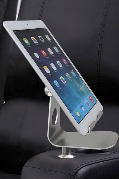 octane ipad holder in theater seating armrest