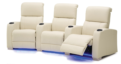 white home theater seating with lights