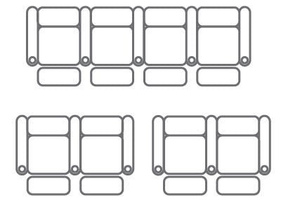 2 rows of 4 seats in back and 2 sets of 2 seats in front