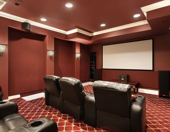 home theater with decorative carpet