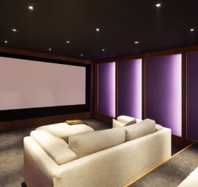 home theater with purple lighted panels