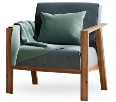 green armchair with cushion and blanket