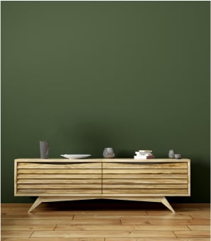 modern storage table with green wall