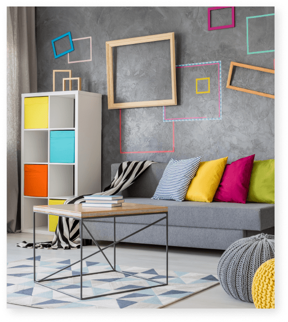 living room with pops of color and geometric shapes