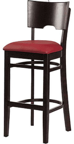wooden bar stool with back and red cushioned seat