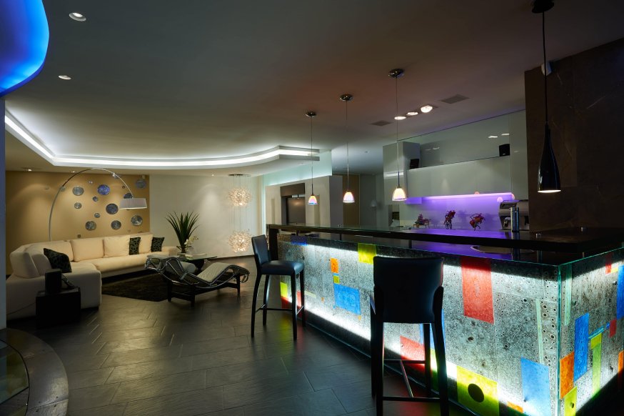 colorful modern bar in basement