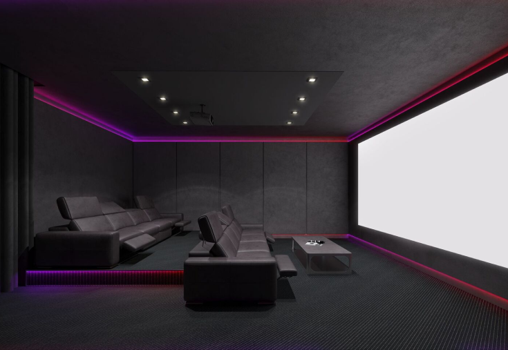 sleek modern all black home theater set up