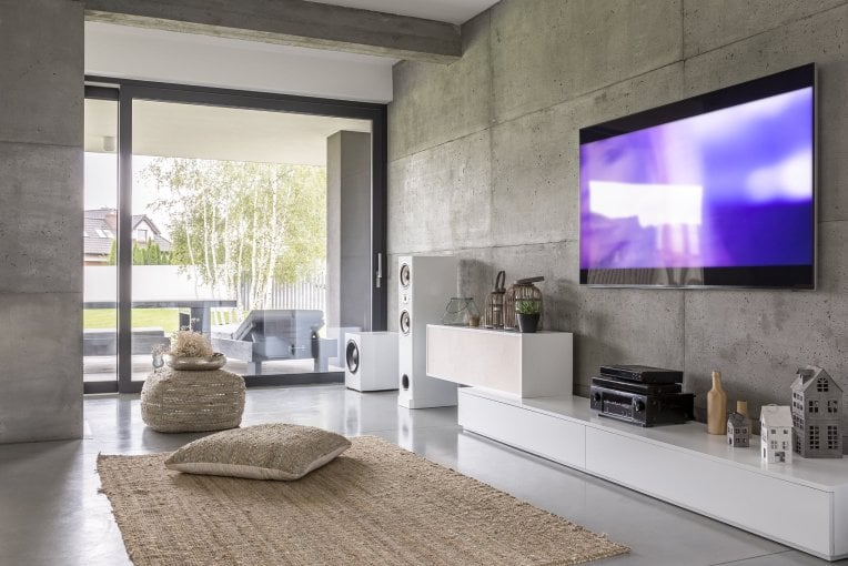 modern industrial living room with large television