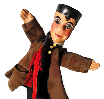 french puppet wearing a brown coat