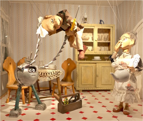 German marionette puppets in a kitchen