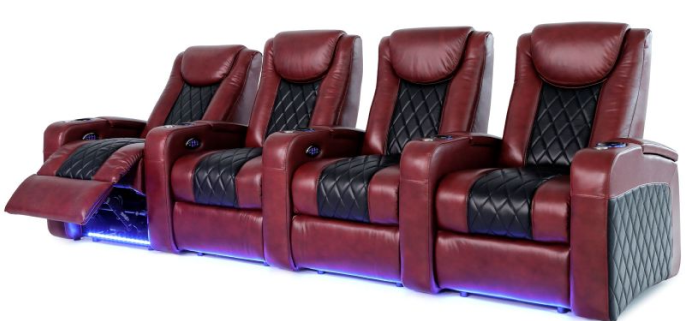 row of 4 red leather seats with bluelight underneath