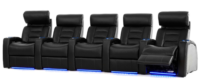 Row of 5 black leather theater seats with blue light underneath