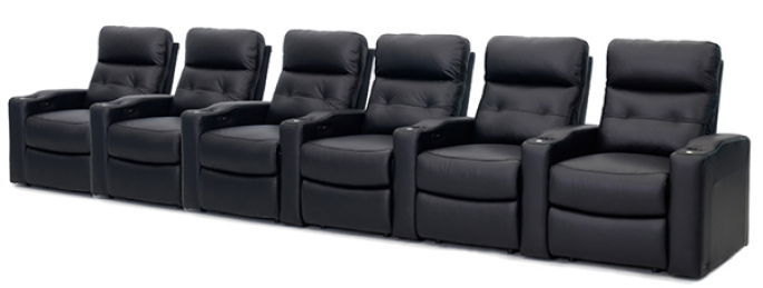 straight row of six black leather theater seats