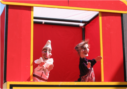 Puppet show in a red window