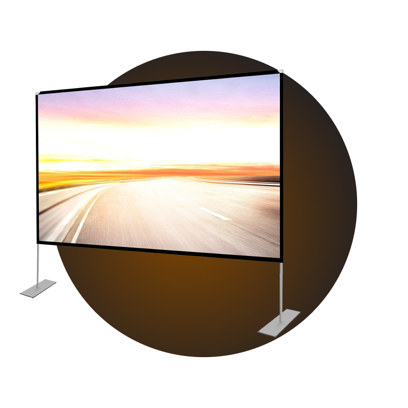 Large projector screen displaying a sunset