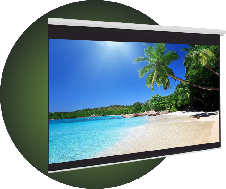 Flat screen television displaying a tropical beach