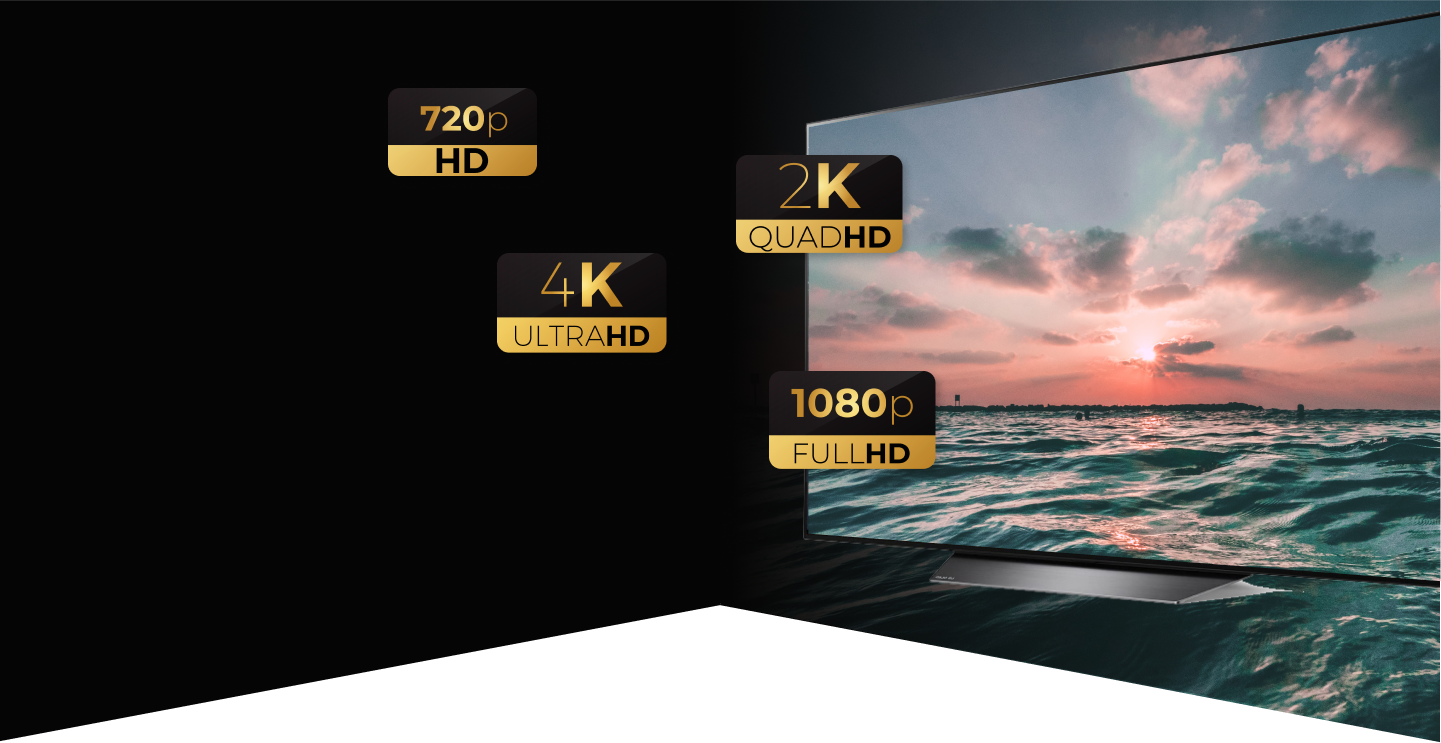 Television with icons that read 720P, 2K, 4K, 1080P