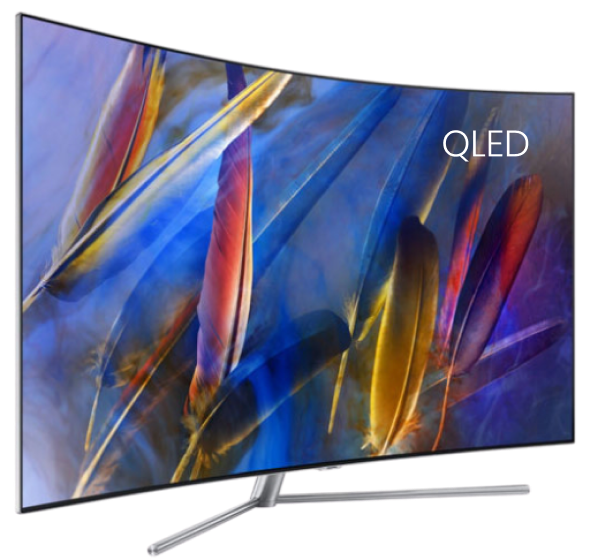 Large television that is curved displaying a picture of colorful flowers
