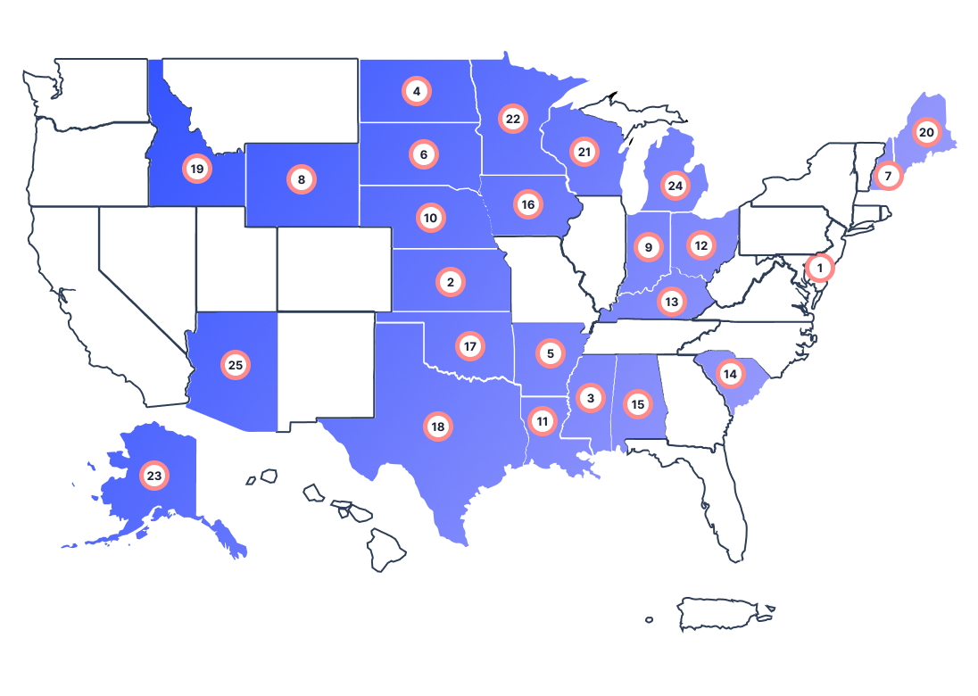Top states with the worst job concentration U.S. Map