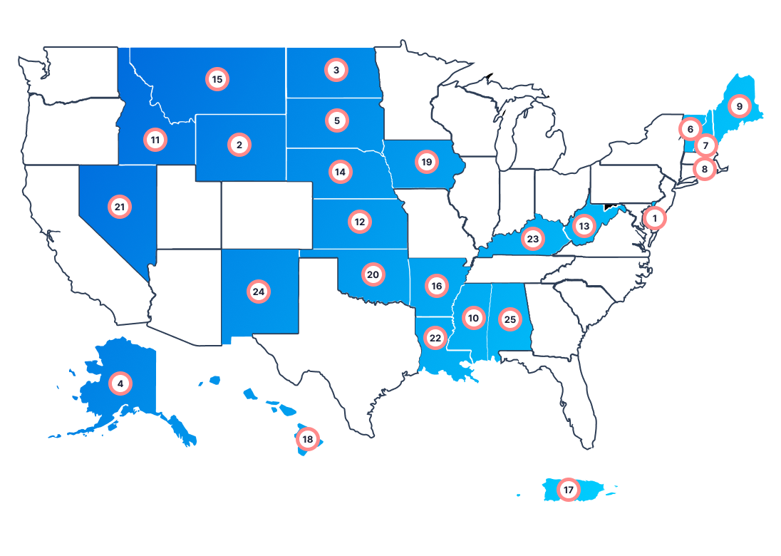 25 of the worst states to get a job U.S. map