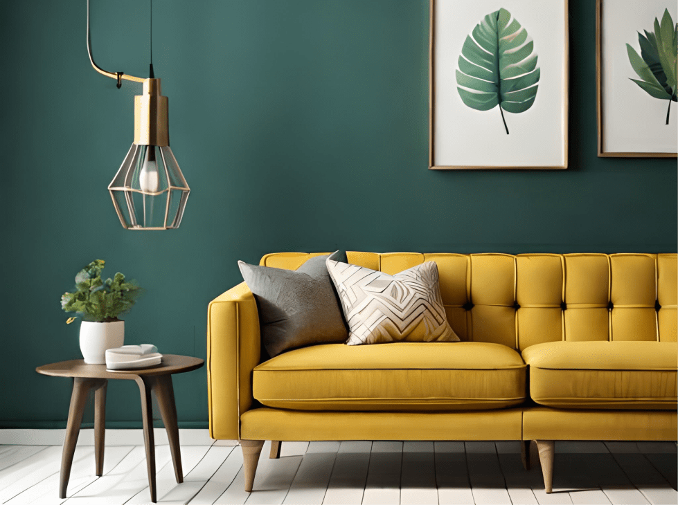 yellow-couch-living-room-with-plant-wall