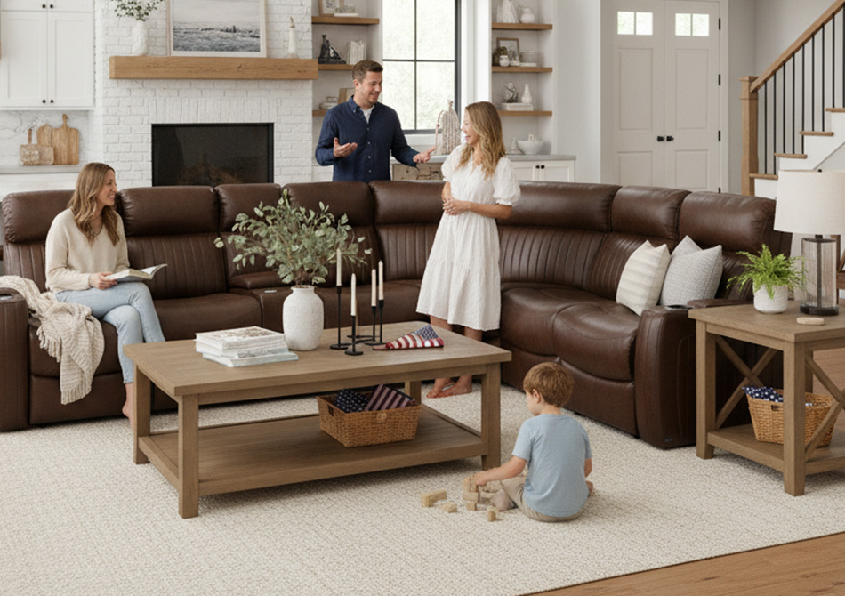 casual and multi purpose room with the epic lhr sectional in brown