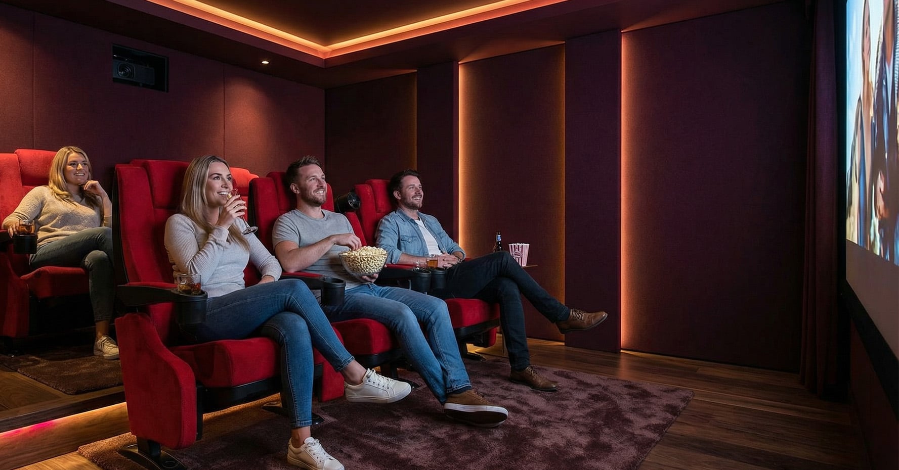 movie playing featuring fanfare cinema seats in red