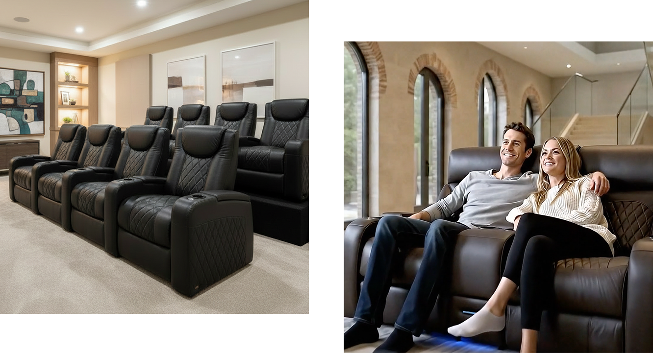personal interests image - featuring the Azure LHR theater seats in black & the Bliss LHR loveseat in brown