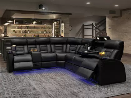 Home Theatre Sectionals In Black Leather, Leather Reclining Sectional Couch