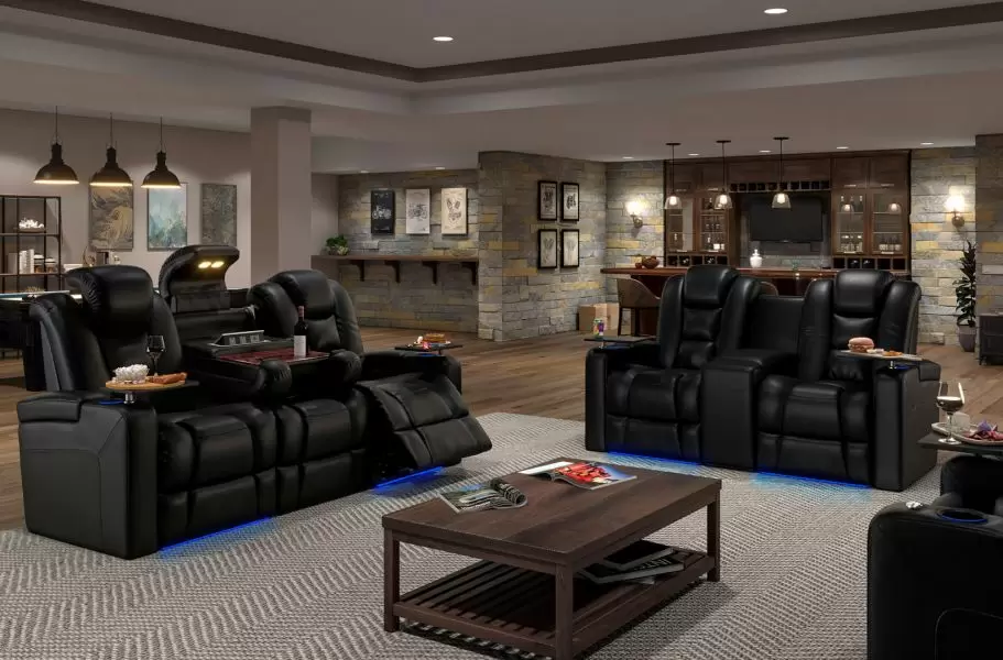 Power Headrest Reclining Sofa, Black Couch Living Room Set