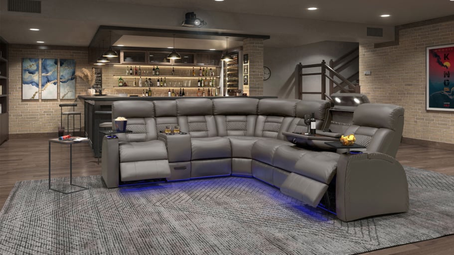 Octane Flex Hr Home Theater Sectional Grey Leather Power Headrests