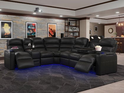 Home Theatre Sectionals In Black Leather, Black Leather Sectional Couch With Recliner