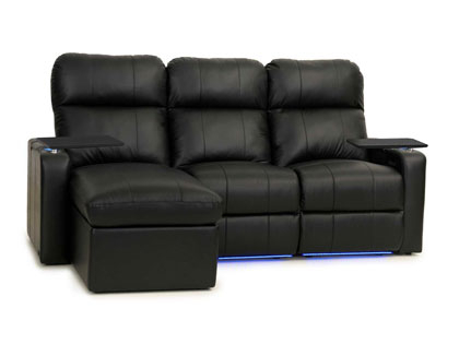 black leather couch with blue lights
